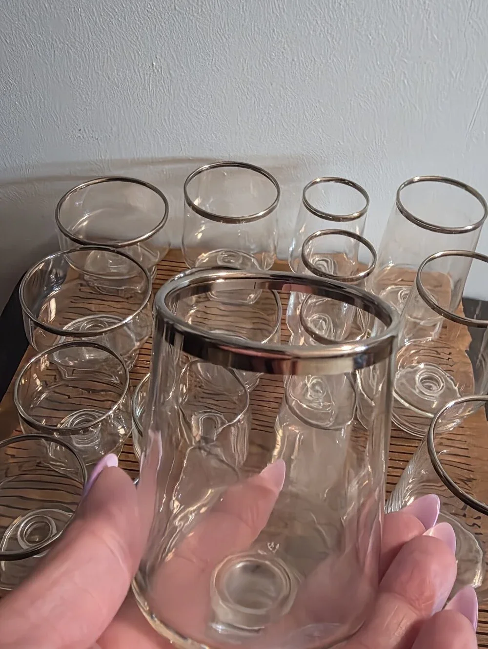Mid-Century modern, platinum band 15 piece glassware set
